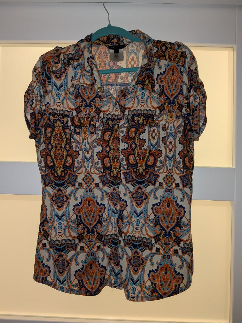 BCBG Max Azria Paisley Snap Front Blouse Blue Orange Boho Print
